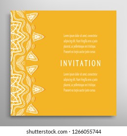 Invitation or Card template with lacе frame border, doodle line pattern, mandala element. Decorative openwork filigree art background for Wedding, Valentine's day greeting card, Birthday Invitation