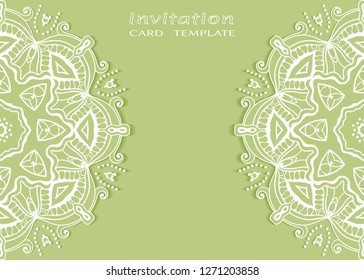Invitation or Card template with lacе frame border, doodle line pattern, mandala element. Decorative openwork filigree art background for Wedding, Valentine's day greeting card, Birthday Invitation