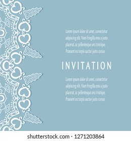 Invitation or Card template with lacе frame border, doodle line pattern, mandala element. Decorative openwork filigree art background for Wedding, Valentine's day greeting card, Birthday Invitation
