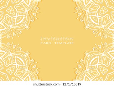 Invitation or Card template with lacе frame border, doodle line pattern, mandala element. Decorative openwork filigree art background for Wedding, Valentine's day greeting card, Birthday Invitation