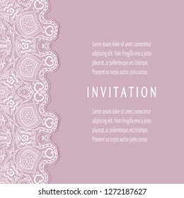 Invitation or Card template with lacе frame border, doodle line pattern, mandala element. Decorative openwork filigree art background for Wedding, Valentine's day greeting card, Birthday Invitation