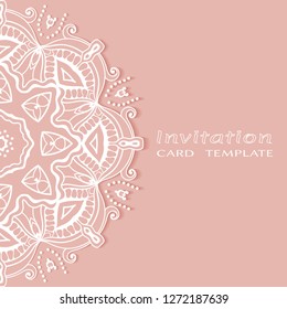Invitation or Card template with lacе frame border, doodle line pattern, mandala element. Decorative openwork filigree art background for Wedding, Valentine's day greeting card, Birthday Invitation
