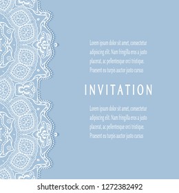 Invitation or Card template with lacе frame border, doodle line pattern, mandala element. Decorative openwork filigree art background for Wedding, Valentine's day greeting card, Birthday Invitation