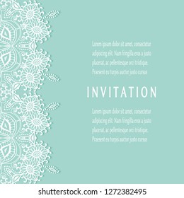 Invitation or Card template with lacе frame border, doodle line pattern, mandala element. Decorative openwork filigree art background for Wedding, Valentine's day greeting card, Birthday Invitation