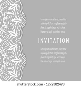 Invitation or Card template with lacе frame border, doodle line pattern, mandala element. Decorative openwork filigree art background for Wedding, Valentine's day greeting card, Birthday Invitation