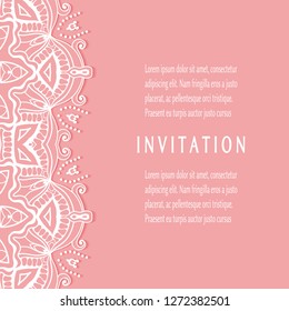 Invitation or Card template with lacе frame border, doodle line pattern, mandala element. Decorative openwork filigree art background for Wedding, Valentine's day greeting card, Birthday Invitation