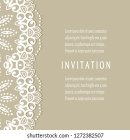 Invitation or Card template with lacе frame border, doodle line pattern, mandala element. Decorative openwork filigree art background for Wedding, Valentine's day greeting card, Birthday Invitation