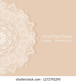 Invitation or Card template with lacе frame border, doodle line pattern, mandala element. Decorative openwork filigree art background for Wedding, Valentine's day greeting card, Birthday Invitation