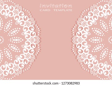 Invitation or Card template with lacе frame border, doodle line pattern, mandala element. Decorative openwork filigree art background for Wedding, Valentine's day greeting card, Birthday Invitation