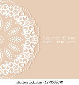 Invitation or Card template with lacе frame border, doodle line pattern, mandala element. Decorative openwork filigree art background for Wedding, Valentine's day greeting card, Birthday Invitation