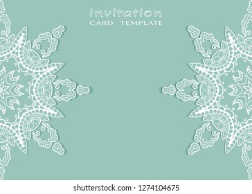 Invitation or Card template with lacе frame border, doodle line pattern, mandala element. Decorative openwork filigree art background for Wedding, Valentine's day greeting card, Birthday Invitation