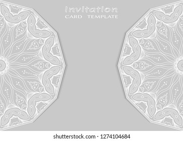 Invitation or Card template with lacе frame border, doodle line pattern, mandala element. Decorative openwork filigree art background for Wedding, Valentine's day greeting card, Birthday Invitation