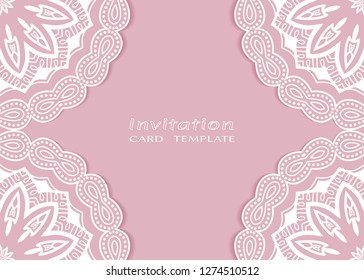 Invitation or Card template with lacе frame border, doodle line pattern, mandala element. Decorative openwork filigree art background for Wedding, Valentine's day greeting card, Birthday Invitation