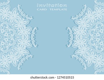 Invitation or Card template with lacе frame border, doodle line pattern, mandala element. Decorative openwork filigree art background for Wedding, Valentine's day greeting card, Birthday Invitation
