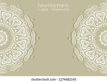 Invitation or Card template with lacе frame border, doodle line pattern, mandala element. Decorative openwork filigree art background for Wedding, Valentine's day greeting card, Birthday Invitation