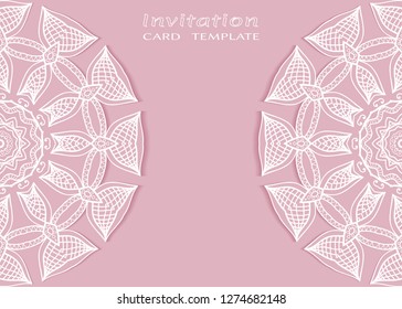 Invitation or Card template with lacе frame border, doodle line pattern, mandala element. Decorative openwork filigree art background for Wedding, Valentine's day greeting card, Birthday Invitation