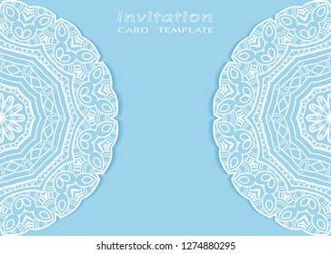 Invitation or Card template with lacе frame border, doodle line pattern, mandala element. Decorative openwork filigree art background for Wedding, Valentine's day greeting card, Birthday Invitation
