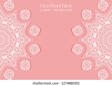 Invitation or Card template with lacе frame border, doodle line pattern, mandala element. Decorative openwork filigree art background for Wedding, Valentine's day greeting card, Birthday Invitation