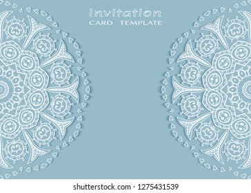Invitation or Card template with lacе frame border, doodle line pattern, mandala element. Decorative openwork filigree art background for Wedding, Valentine's day greeting card, Birthday Invitation