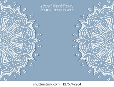 Invitation or Card template with lacе frame border, doodle line pattern, mandala element. Decorative openwork filigree art background for Wedding, Valentine's day greeting card, Birthday Invitation