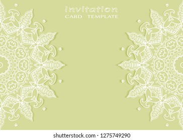 Invitation or Card template with lacе frame border, doodle line pattern, mandala element. Decorative openwork filigree art background for Wedding, Valentine's day greeting card, Birthday Invitation