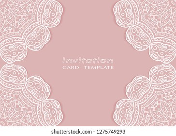 Invitation or Card template with lacе frame border, doodle line pattern, mandala element. Decorative openwork filigree art background for Wedding, Valentine's day greeting card, Birthday Invitation