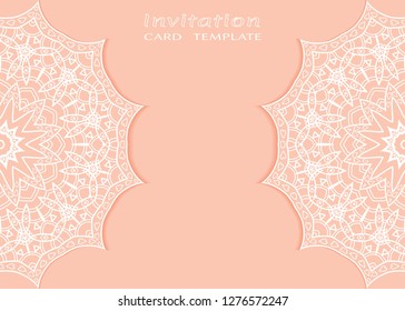 Invitation or Card template with lacе frame border, doodle line pattern, mandala element. Decorative openwork filigree art background for Wedding, Valentine's day greeting card, Birthday Invitation
