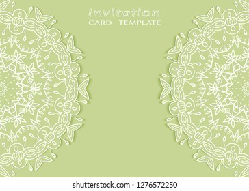 Invitation or Card template with lacе frame border, doodle line pattern, mandala element. Decorative openwork filigree art background for Wedding, Valentine's day greeting card, Birthday Invitation