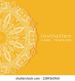 Invitation or Card template with lacе frame border, doodle line pattern, mandala element. Decorative openwork filigree art background for Wedding, Valentine's day greeting card, Birthday Invitation