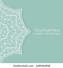 Invitation or Card template with lacе frame border, doodle line pattern, mandala element. Decorative openwork filigree art background for Wedding, Valentine's day greeting card, Birthday Invitation