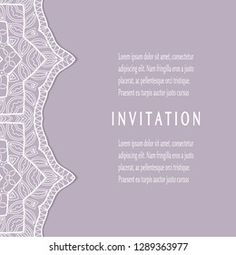 Invitation or Card template with lacе frame border, doodle line pattern, mandala element. Decorative openwork filigree art background for Wedding, Valentine's day greeting card, Birthday Invitation