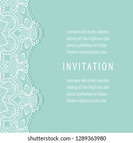 Invitation or Card template with lacе frame border, doodle line pattern, mandala element. Decorative openwork filigree art background for Wedding, Valentine's day greeting card, Birthday Invitation
