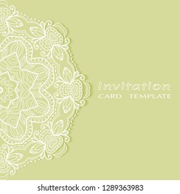 Invitation or Card template with lacе frame border, doodle line pattern, mandala element. Decorative openwork filigree art background for Wedding, Valentine's day greeting card, Birthday Invitation