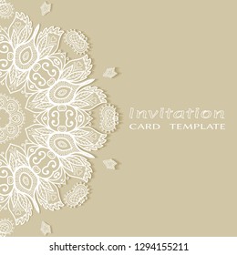 Invitation or Card template with lacе frame border, doodle line pattern, mandala element. Decorative openwork filigree art background for Wedding, Valentine's day greeting card, Birthday Invitation