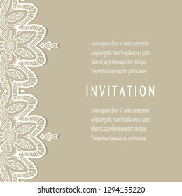 Invitation or Card template with lacе frame border, doodle line pattern, mandala element. Decorative openwork filigree art background for Wedding, Valentine's day greeting card, Birthday Invitation