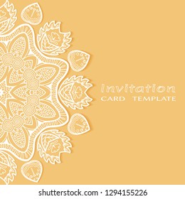 Invitation or Card template with lacе frame border, doodle line pattern, mandala element. Decorative openwork filigree art background for Wedding, Valentine's day greeting card, Birthday Invitation