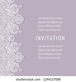 Invitation or Card template with lacе frame border, doodle line pattern, mandala element. Decorative openwork filigree art background for Wedding, Valentine's day greeting card, Birthday Invitation