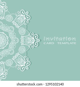 Invitation or Card template with lacе frame border, doodle line pattern, mandala element. Decorative openwork filigree art background for Wedding, Valentine's day greeting card, Birthday Invitation