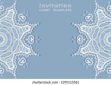 Invitation or Card template with lacе frame border, doodle line pattern, mandala element. Decorative openwork filigree art background for Wedding, Valentine's day greeting card, Birthday Invitation