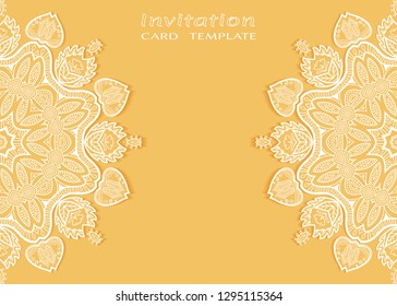 Invitation or Card template with lacе frame border, doodle line pattern, mandala element. Decorative openwork filigree art background for Wedding, Valentine's day greeting card, Birthday Invitation