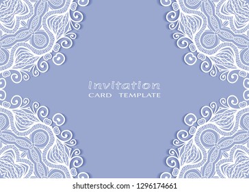 Invitation or Card template with lacе frame border, doodle line pattern, mandala element. Decorative openwork filigree art background for Wedding, Valentine's day greeting card, Birthday Invitation