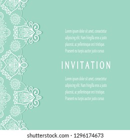 Invitation or Card template with lacе frame border, doodle line pattern, mandala element. Decorative openwork filigree art background for Wedding, Valentine's day greeting card, Birthday Invitation