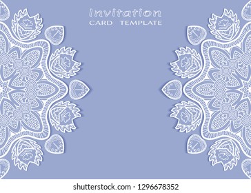 Invitation or Card template with lacе frame border, doodle line pattern, mandala element. Decorative openwork filigree art background for Wedding, Valentine's day greeting card, Birthday Invitation