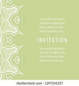 Invitation or Card template with lacе frame border, doodle line pattern, mandala element. Decorative openwork filigree art background for Wedding, Valentine's day greeting card, Birthday Invitation
