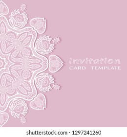 Invitation or Card template with lacе frame border, doodle line pattern, mandala element. Decorative openwork filigree art background for Wedding, Valentine's day greeting card, Birthday Invitation