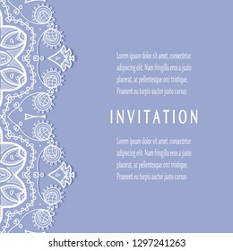 Invitation or Card template with lacе frame border, doodle line pattern, mandala element. Decorative openwork filigree art background for Wedding, Valentine's day greeting card, Birthday Invitation