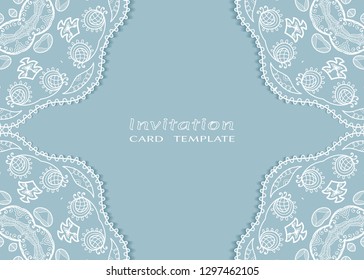 Invitation or Card template with lacе frame border, doodle line pattern, mandala element. Decorative openwork filigree art background for Wedding, Valentine's day greeting card, Birthday Invitation