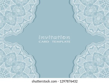 Invitation or Card template with lacе frame border, doodle line pattern, mandala element. Decorative openwork filigree art background for Wedding, Valentine's day greeting card, Birthday Invitation