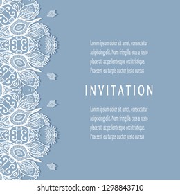 Invitation or Card template with lacе frame border, doodle line pattern, mandala element. Decorative openwork filigree art background for Wedding, Valentine's day greeting card, Birthday Invitation