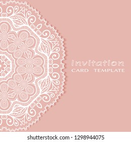 Invitation or Card template with lacе frame border, doodle line pattern, mandala element. Decorative openwork filigree art background for Wedding, Valentine's day greeting card, Birthday Invitation